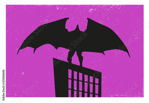 Black silhouette of a villain character, monster with wings standing on the top of a tal building with a textured purple background behind. Cartoon style, vector illustration.