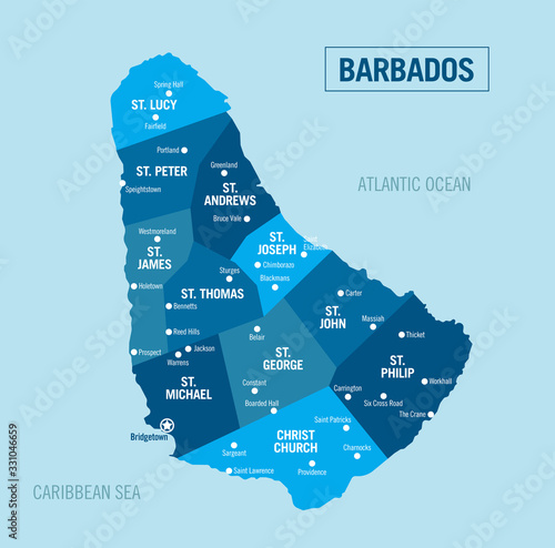 Barbados political map. Barbados island with isolated provinces, departments and cities. Vector illustration.