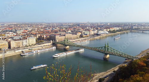 Budapest city from Gellert Hill - Danube river and Liberty Bridge  October 2018