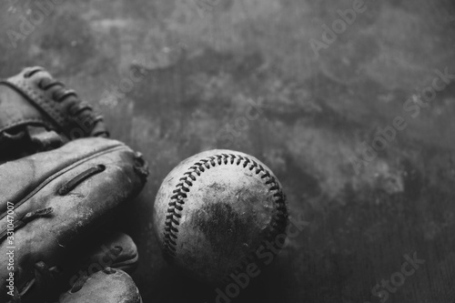 Old vintage baseball sports concept with copy space in black and white.