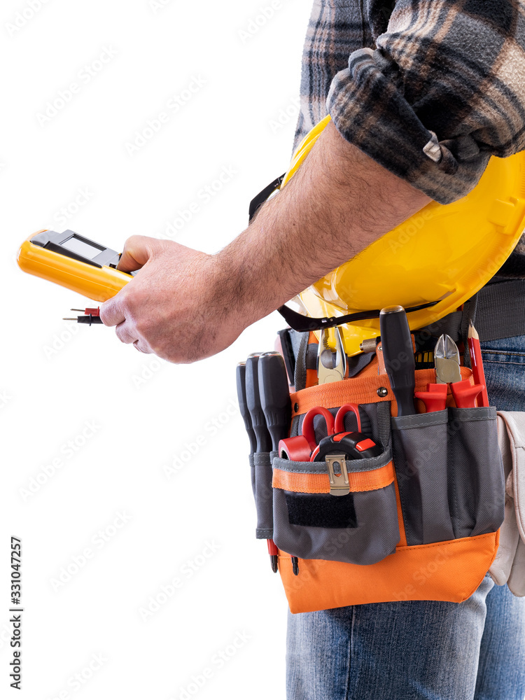 Electrician with tool belt on a white background. Electricity. Electrician with tool belt on a white background. Electricity.