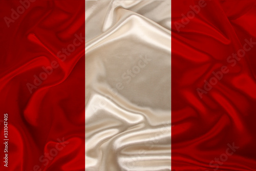 photo of the national flag of Peru on a luxurious texture of satin, silk with waves, folds and highlights, closeup, copy space, travel concept, economy and state policy, illustration