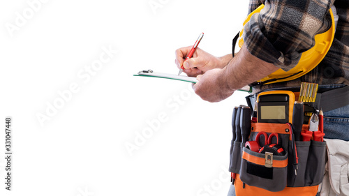 Electrician with tool belt on a white background. Electricity.
