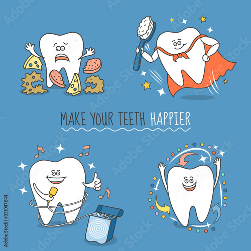 Set of cartoon teeth with different objects that depict cleaning teeth. The tooth with debris, floss, toothbrush, arrows. Make your teeth happier. Plaque, toothbrushing, flossing and whitening teeth.