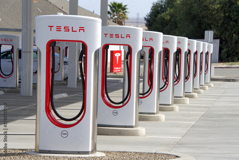 Kettleman City, CA February 02, 2017 Tesla Supercharger station with