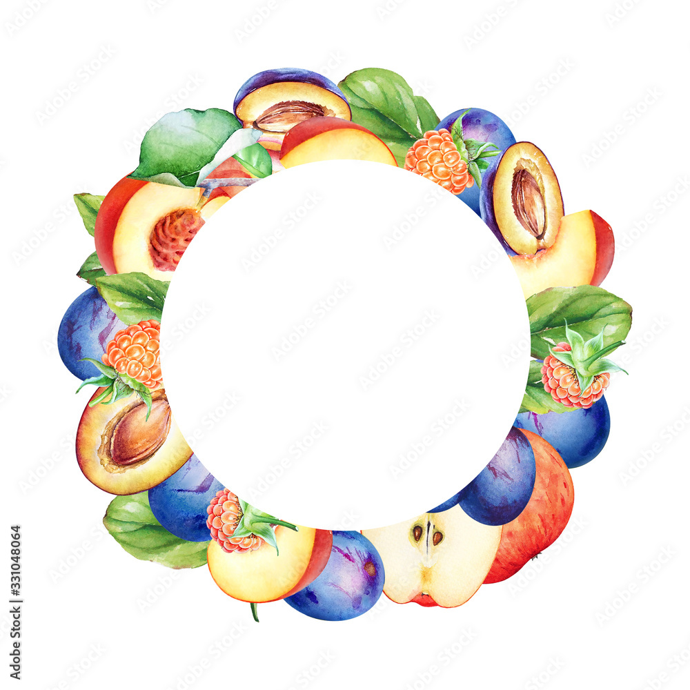 Round frame with watercolor summer fruits
