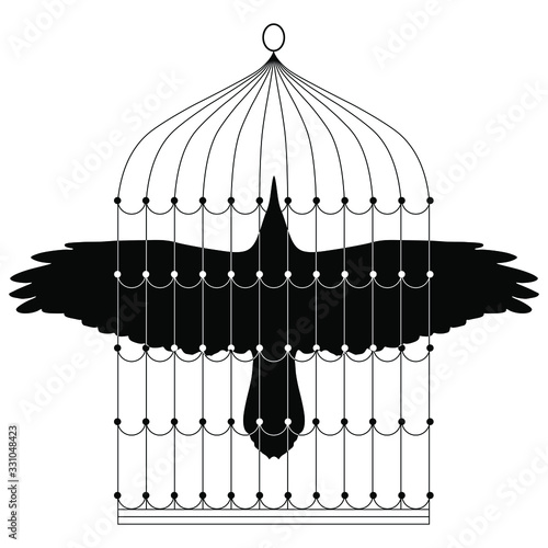 Isolated vector illustration. Soaring raven inside birdcage. Black and white silhouette. Creative concept for flight and freedom.