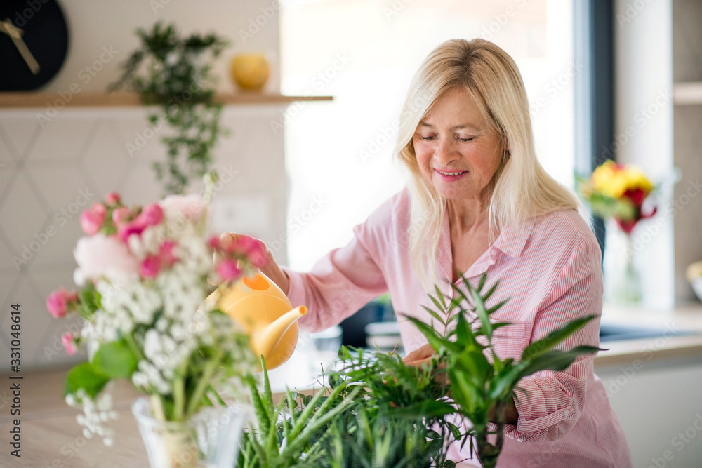 Portrait of senior woman watering plants indoors at home.