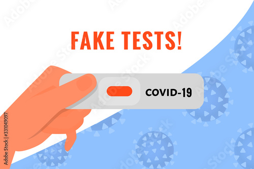 Human hand holds Test for coronavirus 2019. Fake test text. On blue gradient background, flat vector illustration.