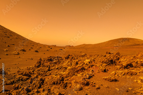 Landscape on planet Mars   desert and mountains on red planet