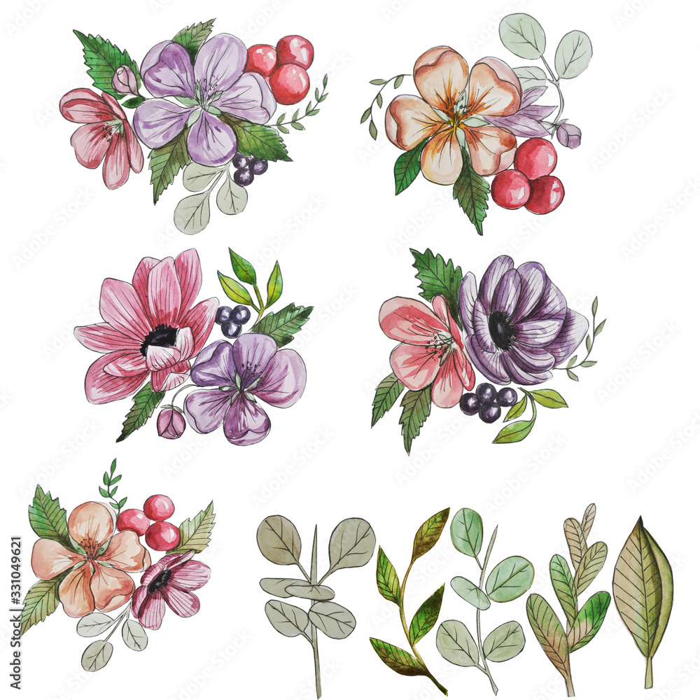 composition flowers with berries. Beautiful stylized spring flowers. watercolor illustration on white background