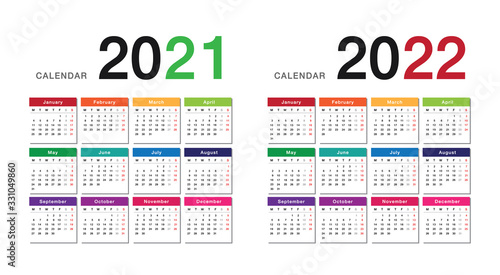 Year 2021 and Year 2022 calendar horizontal vector design template, simple and clean design. Calendar for 2021 and 2022 on White Background for organization and business. Week Starts Monday.