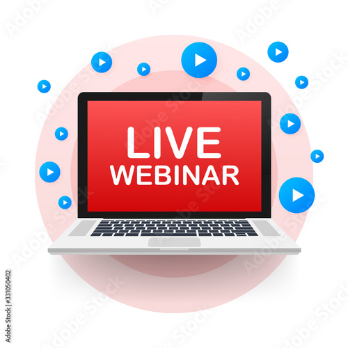 Live webinar for concept design. Digital banner. Virtual concept. Video play button symbol. Vector stock illustration.