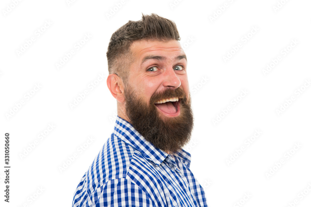 Happy emotional guy. Emotional intellect. Happy man on white background. Bearded man smiling. Hipster with mustache and beard happy face expression. Happiness concept. Psychological health Happy emotional guy. Emotional intellect. Happy man on white background. Bearded man smiling. Hipster with mustache and beard happy face expression. Happiness concept. Psychological health