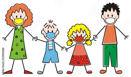 family with respirators, vector illustration