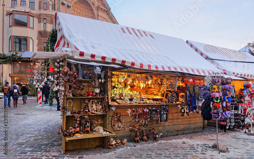 Christmas market stall with traditional souvenirs for sale