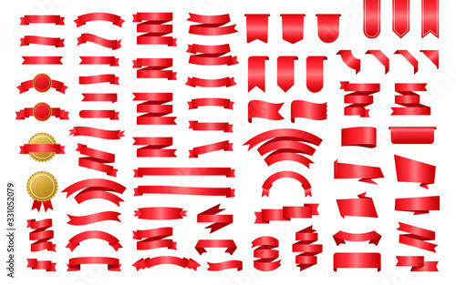 Red Ribbon banner. Ribbons, great design for any purposes. Royal ribbon. Decoration element. Medal set. Discount banner promotion template. Discount sticker. Vector stock illustration.