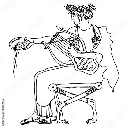 Isolated vector illustration. Seated ancient Greek god Apollo with cup and lyre. Vase painting style. Hand drawn linear doodle ink sketch. Black silhouette on white background.