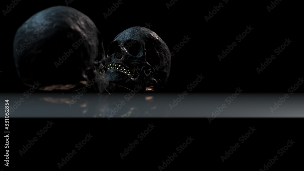 Fototapeta Human skull with dark background. Death, horror, anatomy and halloween symbol. 3d rendering, 3d illustration