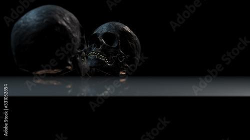 Fototapeta Human skull with dark background. Death, horror, anatomy and halloween symbol. 3d rendering, 3d illustration