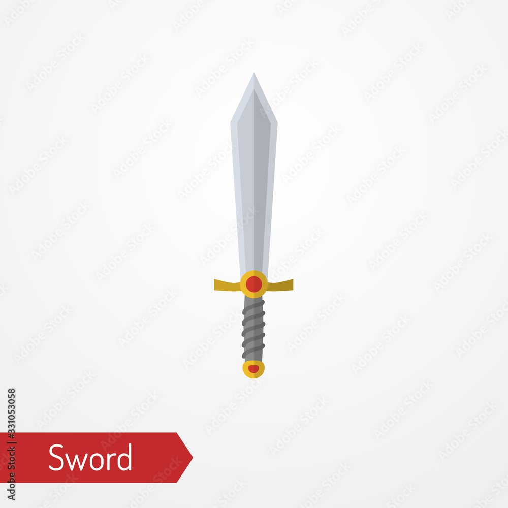 Abstract iron one-handed sword decorated with gems. Isolated icon in flat style. Typical medieval knight hand weapon. Vector stock image. Abstract iron one-handed sword decorated with gems. Isolated icon in flat style. Typical medieval knight hand weapon. Vector stock image.