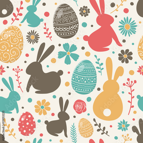Easter pattern with decorative eggs, bunnies and flowers. Wallpaper or wrapping paper concept. Vector
