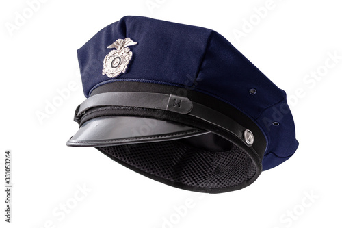 Obraz na płótnie Protect and serve, law enforcement and american cop concept police officer hat isolated on white background with clipping path w salonie