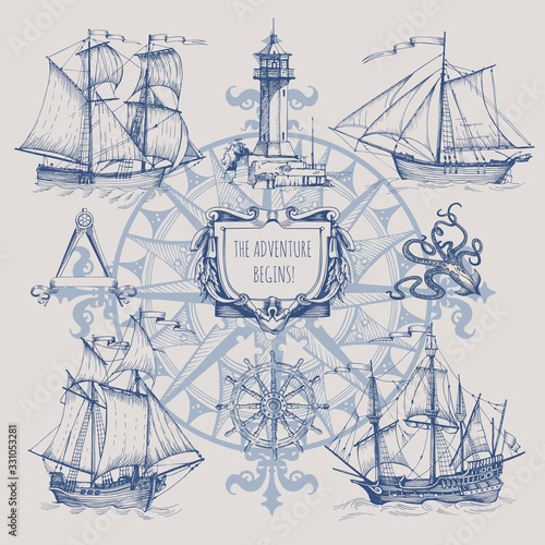 Set of decorative elements for the design of an old geographical map. Ancient caravel, sea monsters, anchor, ship's wheel, compass-meter, wind rose, framework for inscriptions, cartouche.