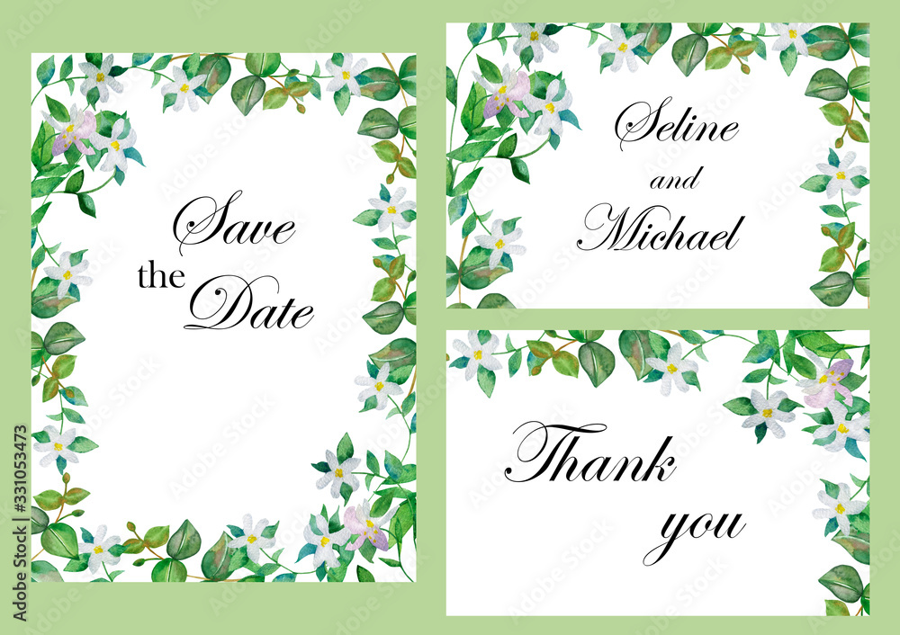 Fototapeta Watercolor hand painted nature wedding frames set with green eucalyptus leaves on branches and white blossom bergamot flowers for invite and greeting cards with save the date, names and thank you text