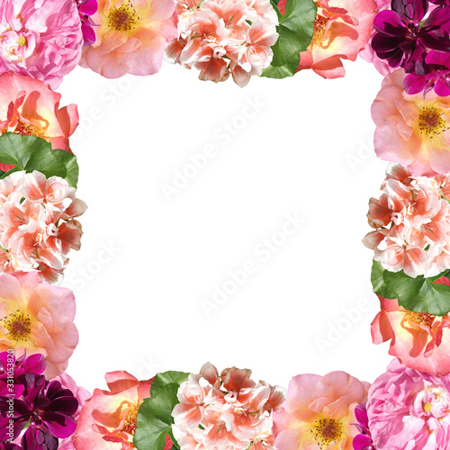 Beautiful floral pattern of roses and pelargoniums. Isolated
