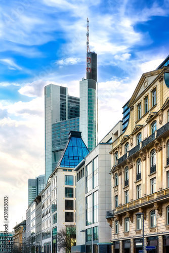 Frankfurt, Germany, 03/01/2020: Beautiful facades in Frankfurt am Main with Commerzbank tower in the background