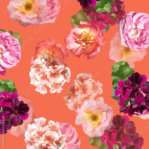 Beautiful floral background of roses and pelargoniums. Isolated