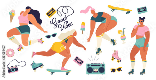 Roller skating girls with record player dancing on the street illustration in vector. Girl power concept poster with inspirational text quote dance, babe.