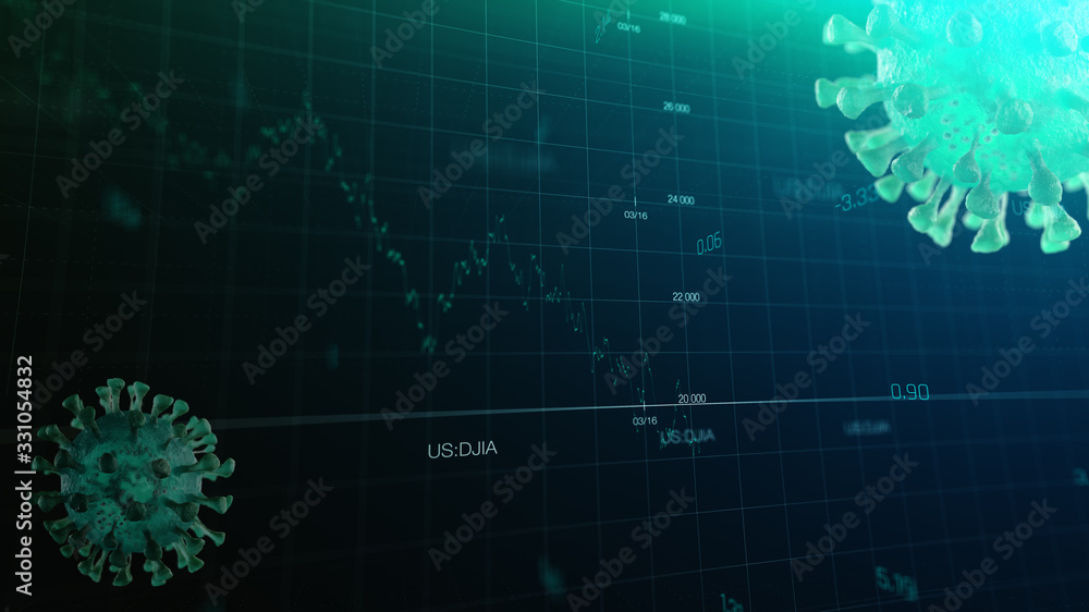 Stock market graph global crisis caused by corona virus SARS-CoV-2, source of COVID-19 pandemic disease. American market index in 2020, industry in recession. Stock market graph global crisis caused by corona virus SARS-CoV-2, source of COVID-19 pandemic disease. American market index in 2020, industry in recession.