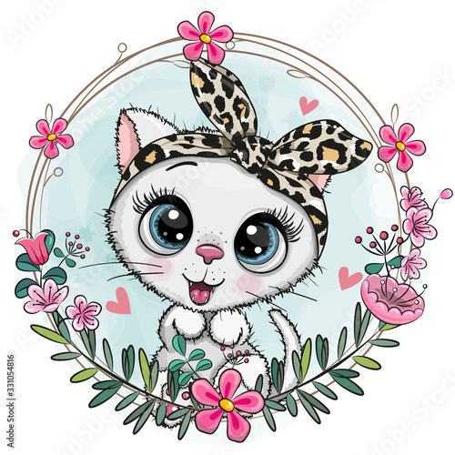 White kitten with a floral wreath