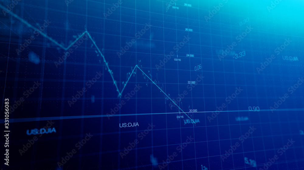Naklejka premium Stock market graph global crisis caused by corona virus SARS-CoV-2, source of COVID-19 pandemic disease. American market index in 2020, industry in recession.