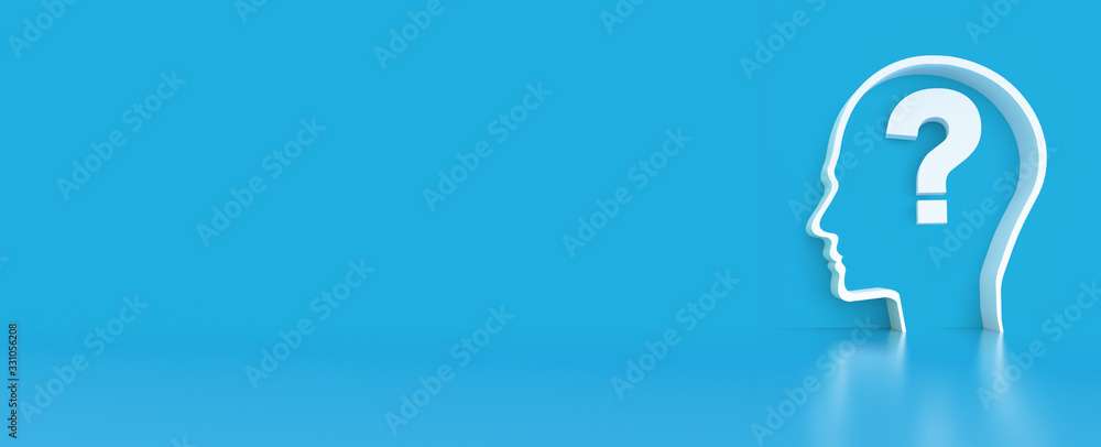 Moving Questionmarks in Human Head outline in front of a color wall background. Business Psychology concept Moving Questionmarks in Human Head outline in front of a color wall background. Business Psychology concept