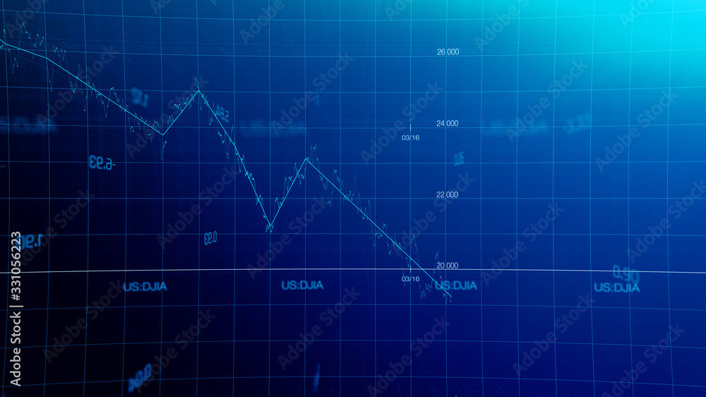 Stock market graph global crisis couased by corona virus SARS-CoV-2, source of COVID-19 pandemic disease. American market index in march 2020, industry in recession. Stock market graph global crisis couased by corona virus SARS-CoV-2, source of COVID-19 pandemic disease. American market index in march 2020, industry in recession.