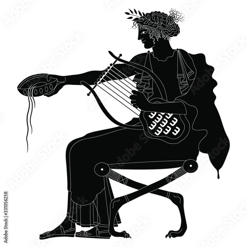 Isolated vector illustration. Seated ancient Greek god Apollo or beautiful woman with cup and lyre. Black and white silhouette.