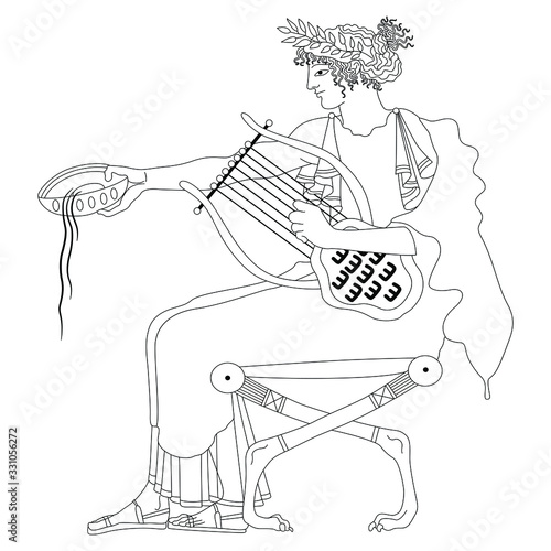 Isolated vector illustration. Seated ancient Greek god Apollo or beautiful woman with cup and lyre. Black and white linear silhouette.