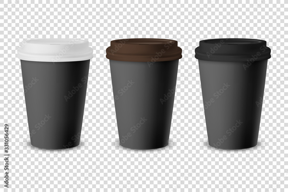 Vector 3d Black Realistic Disposable Closed Paper, Plastic Coffee Cup for Drinks with White, Brown and Black Lid Set Closeup Isolated on Transparent Background. Design Template, Mockup. Front View Vector 3d Black Realistic Disposable Closed Paper, Plastic Coffee Cup for Drinks with White, Brown and Black Lid Set Closeup Isolated on Transparent Background. Design Template, Mockup. Front View