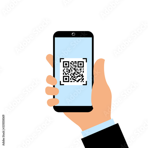 smartphone with a QR code on the screen. vector illustration. hand holding a modern phone to scan the QR code.