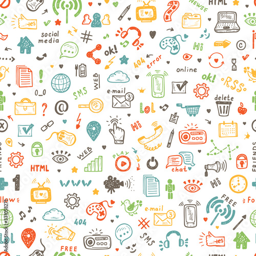 Hand Drawn Doodle Web Site Signs and Symbols. Social Media Icons Vector Seamless Pattern