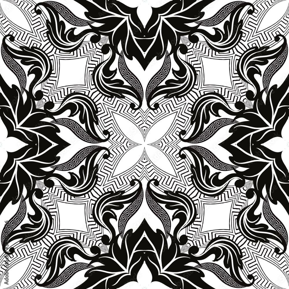 Vintage vector seamless pattern. Floral ornamental greek background. Geometric repeat backdrop. Modern greek key meander ornament. Baroque style flowers, leaves. Black and white elegant ornate design