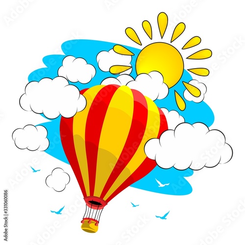 Hot air balloon flies to the sun. Blue sky with clouds, flying birds. Summer fun illustration, vector