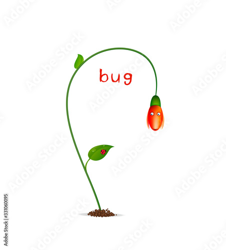 spring character on the white background, red flower and bud, flower cartoon character flower suprised with red ladybug scene