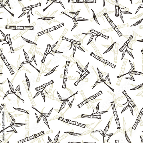 Hand Drawn Bamboo or Sugarcane Plants Vector Seamless Pattern. Stalks with leaves endless background.