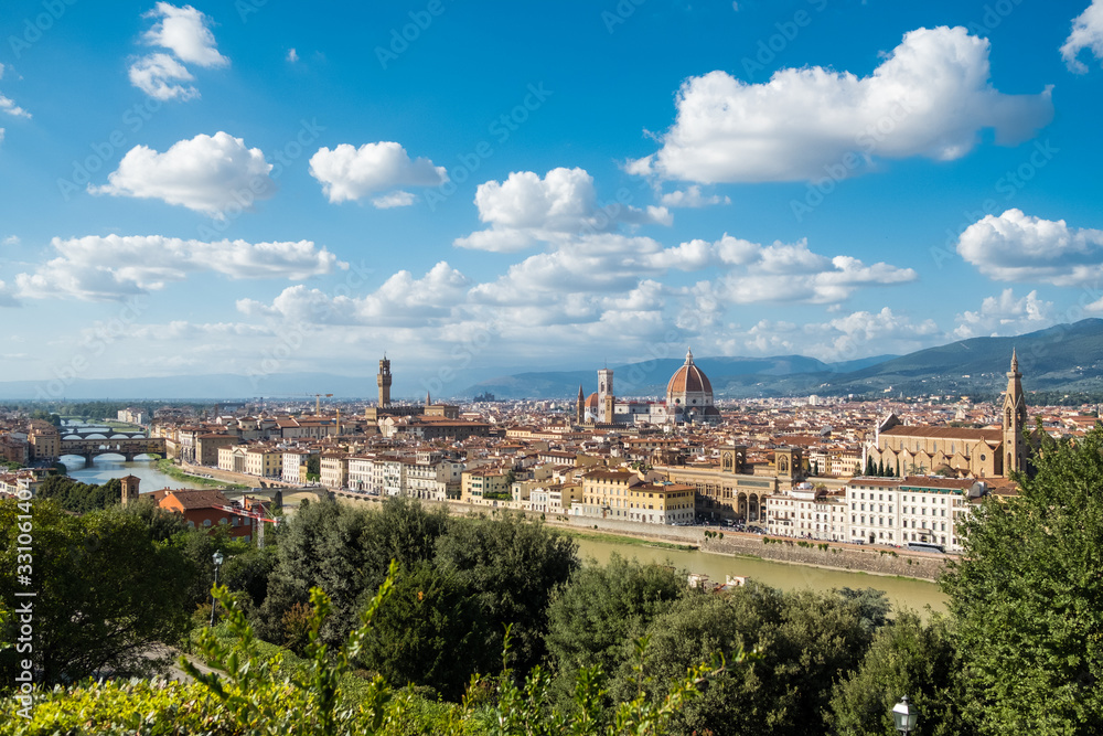 Panoramic view of Florence skyline, river Arno and bridges, Italy
