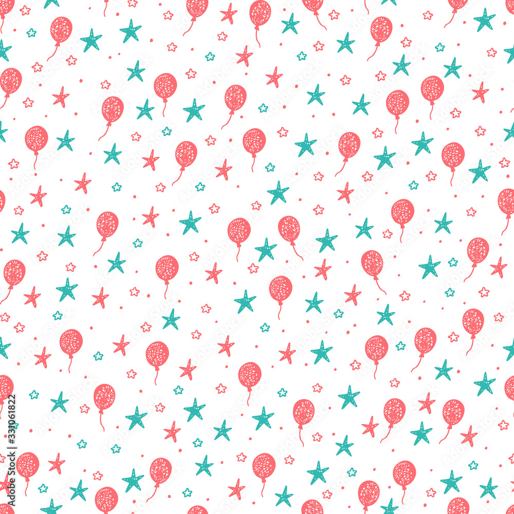 Vector Holiday seamless pattern. Hand Drawn doodle Balloons and Stars. Festive attributes. Celebratory background
