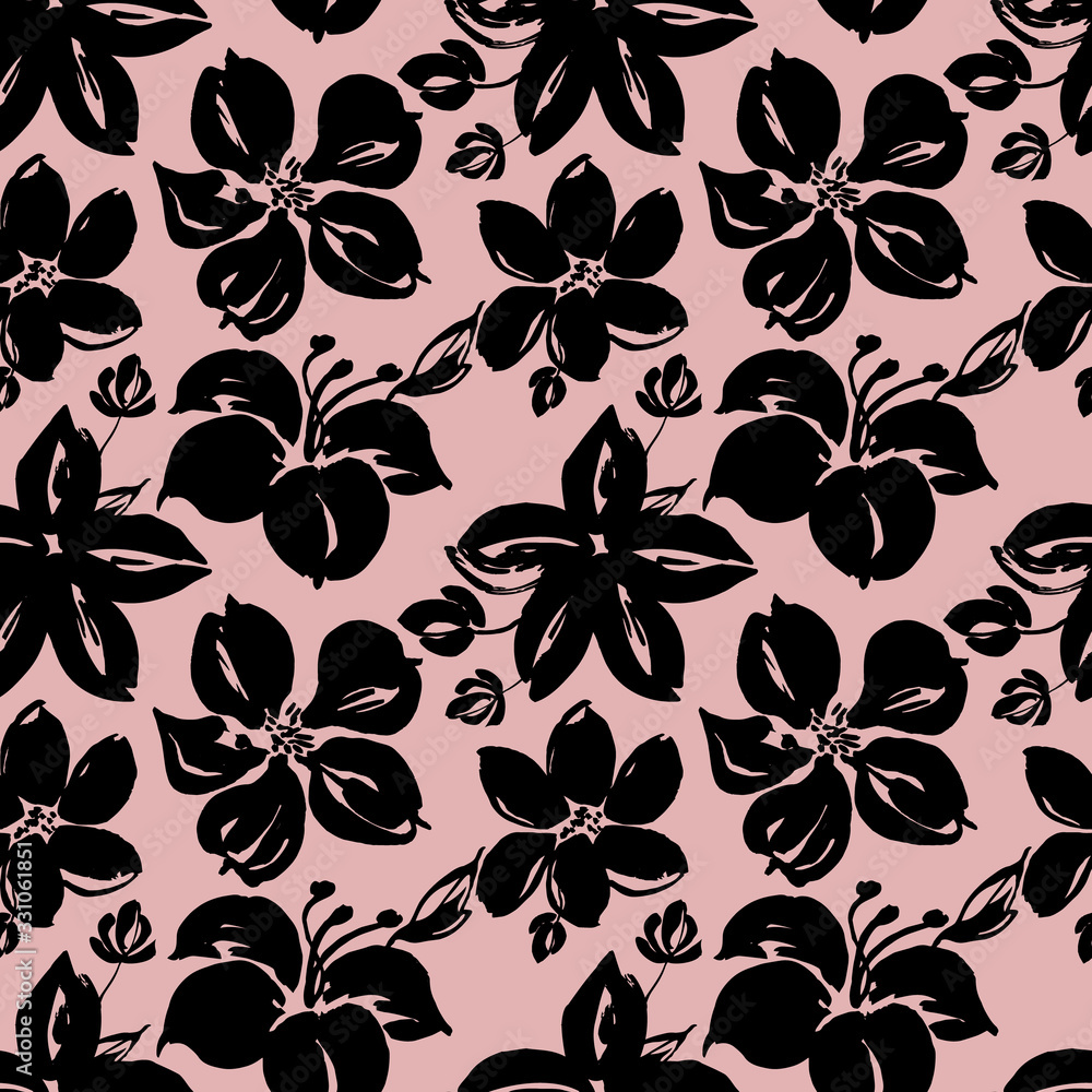 Vector pattern of flowers painted with a dry brush. Simple black flowers on a colored background Vector pattern of flowers painted with a dry brush. Simple black flowers on a colored background
